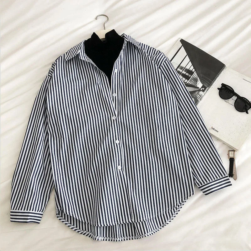 Simple striped single breasted contrast fake two loose long sleeved women's shirt  6244 Chenille Fabric Brocade Fabric Lace Fabric