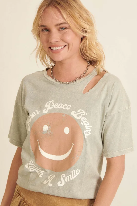 Smiley Inner Peace Vintage-Wash Graphic Tee Houndstooth Herringbone Solid