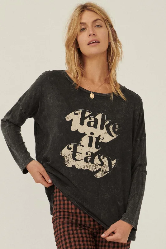 Take It Easy Vintage Long-Sleeve Graphic Tee Cashmere Blend Cotton Blend Poly Blend