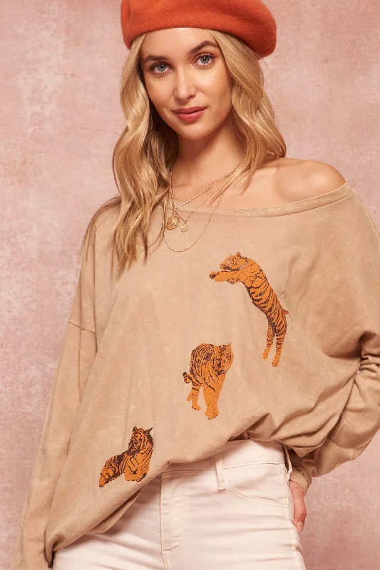 Tiger Trio Long-Sleeve Vintage Graphic Tee Mesh Blend Leather Blend Suede Blend