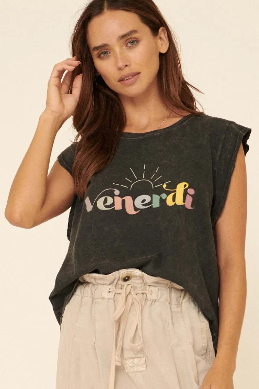 Venerdi Vintage-Wash Sleeveless Graphic Tee Mesh Fabric Canvas Fabric Denim Fabric