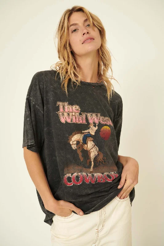 Wild West Oversize Distressed Graphic Tee Zippered Front Buttoned Front Snap Front